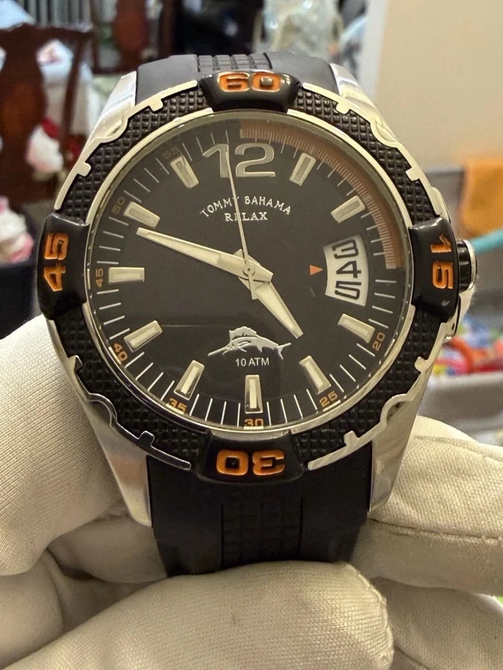 Tommy Bahama Relax Men Watch RLX1112 Black Orange Date 10 ATM 46mm Sport Diver